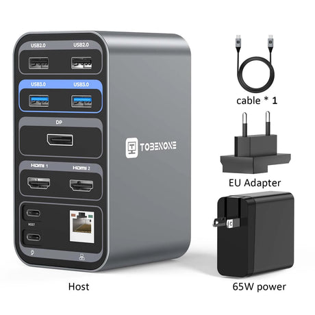 Tobenone Docking Station 4K/60Hz Dual Monitor Display With 2 HDMI VGA RJ45 USB C Splitter Hub For Windows Laptops