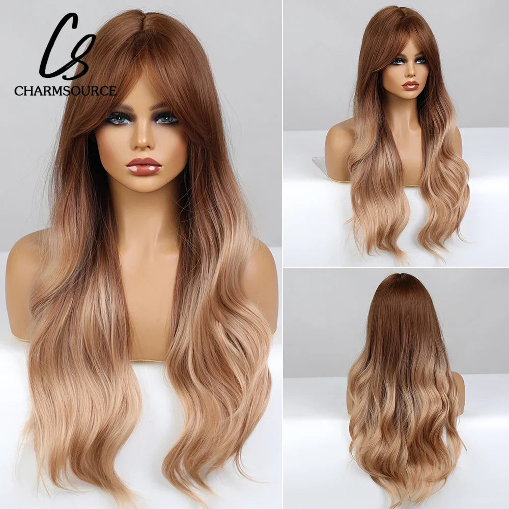 CharmSource Blonde Wavy Wig with Bangs Party Dresses for Women Natural Synthetic Hair Daily Cosplay Heat Resistant Fiber Wig