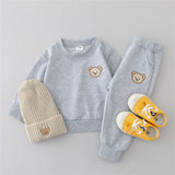 2pcs Baby Spring Fashion Simple Embroidered Bear Head Round Neck Set for Children's Versatile Long sleeved Pants 2-piece Set