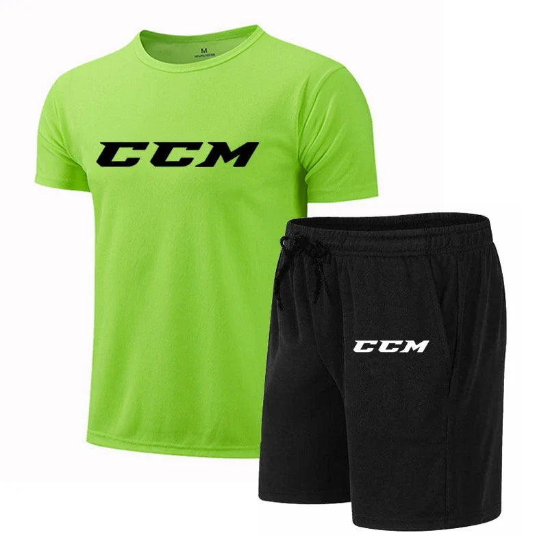 Summer Men's Fitness Fashion Men's Casual Sportswear Suit Quick Drying Sports Suit CCM Short Sleeve T-Shirt + Shorts 2 Piece Set