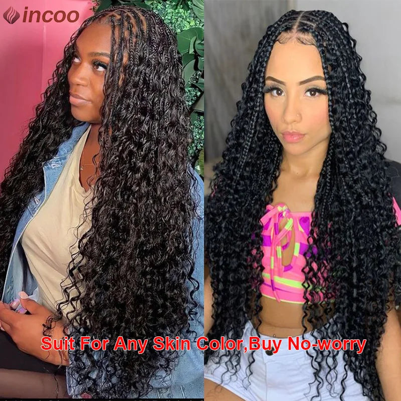 Boho Box Braid Wigs 613 Blonde 32 Inch Synthetic Full Lace Front Braided Wigs Knotless Cornrow Braids Curly Lace Wigs For Women