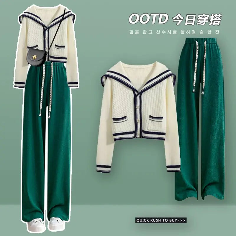 2024New Knit Spring Preppy Style Sailor Collar Women Knitted Cardigan Elastic Wide Leg Pant Long Sleeve Korean Outfit Tracksuit