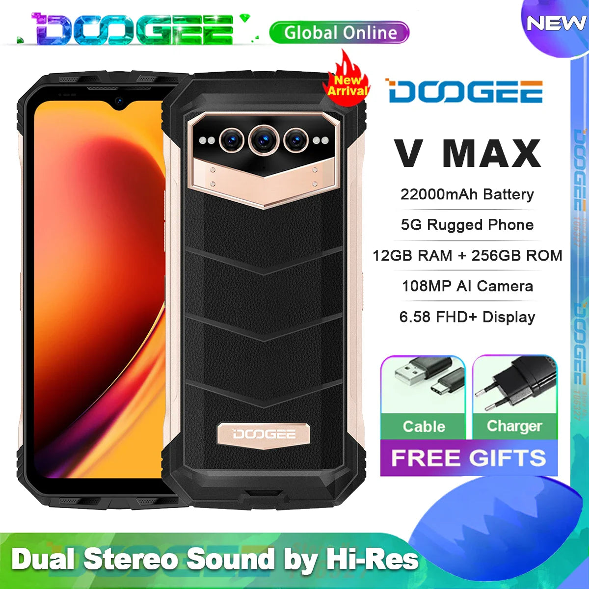 5G Phone DOOGEE V Max Rugged Smartphone 22000mAh,12GB+256GB Cellphone 108MP Camera Smartphone 120Hz Dimensity 1080,Hi-Res,NFC