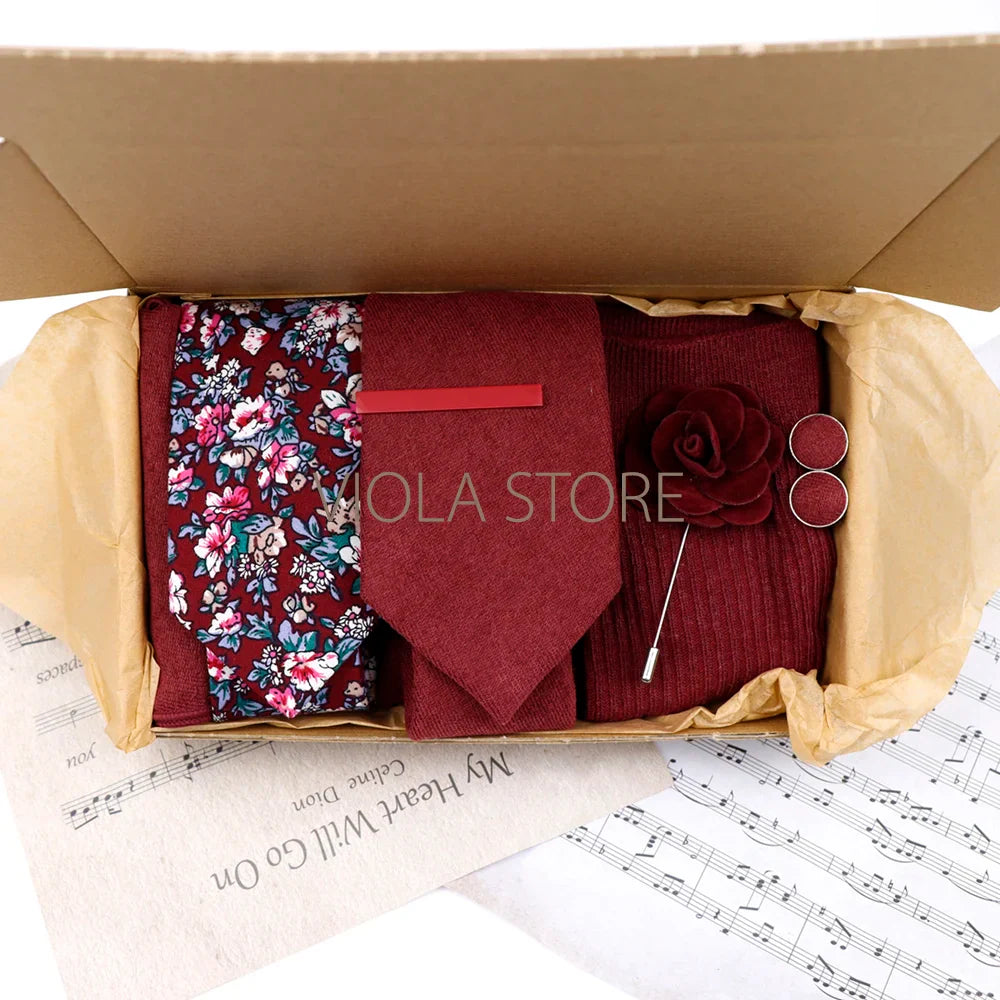 Viola Design Gift Box Hot Solid Floral Cotton Sock Necktie Set Clip Cufflinks Pin Hanky Men Wedding Party Daily Cravat Accessory