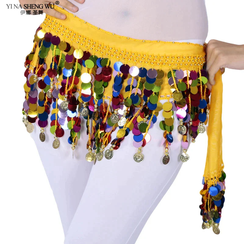 Colorful Belt Belly Dance Belt Costumes Double Layers Sequins Tassel Belly Dance Hip Scarf for Women Indian Belly Dancing Belts