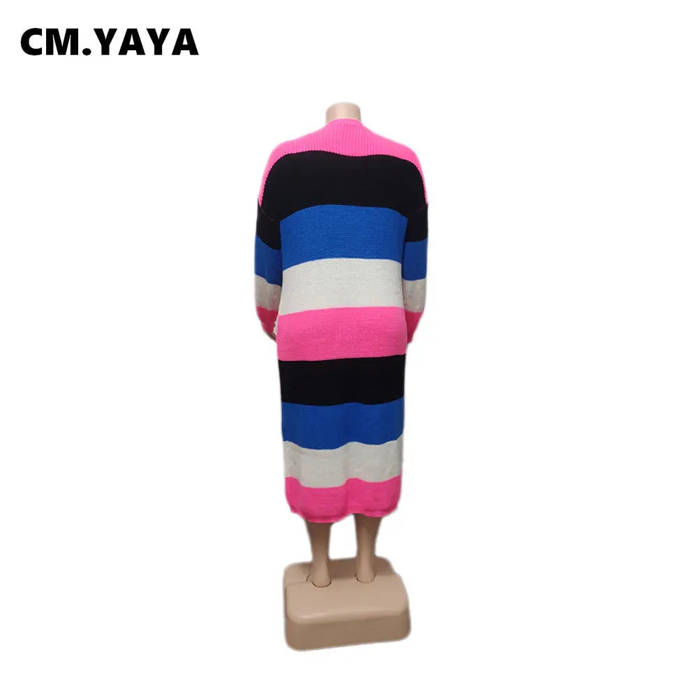 CM.YAYA Plus size Women Knit Ribbed Patchwork Long Sleeve Open Stitch Maxi Long Jumper Sweater  Fashion Autumn Winter Cardigan