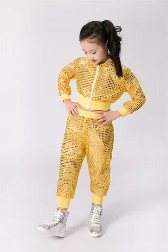 Children Sequin Hip-hop Jazz Dance Costume Girls Student Street DanceWear Ballroom Dancing Competitions Performance Stage Cloth