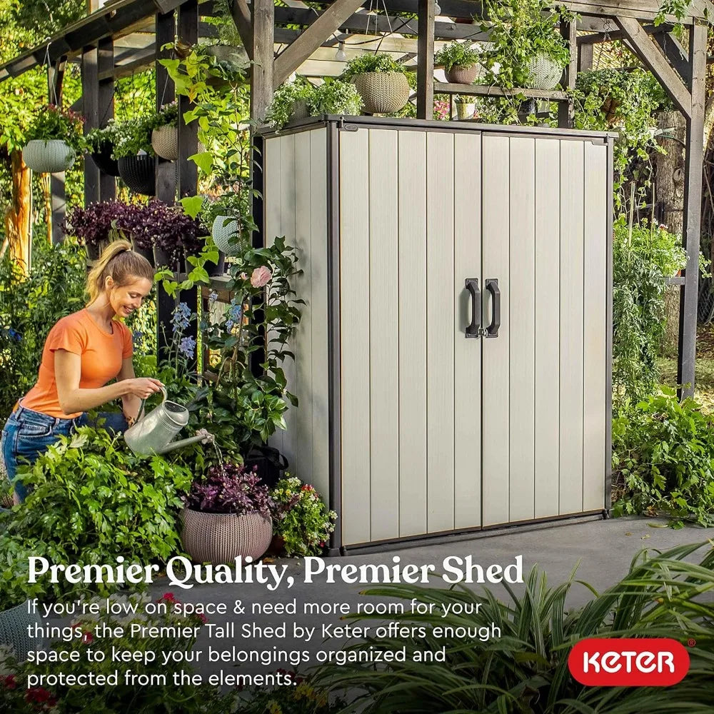 Keter Premier Tall 4.6 x 5.6 ft. Resin Outdoor Storage Shed with Shelving Brackets for Patio Furniture, Pool Accessories