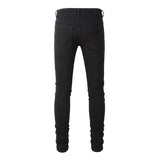 Men Cracked Silver Leather Patch Biker Jeans Streetwear Skinny Tapered Stretch Denim Pants Holes Ripped Patchwork Black Trousers