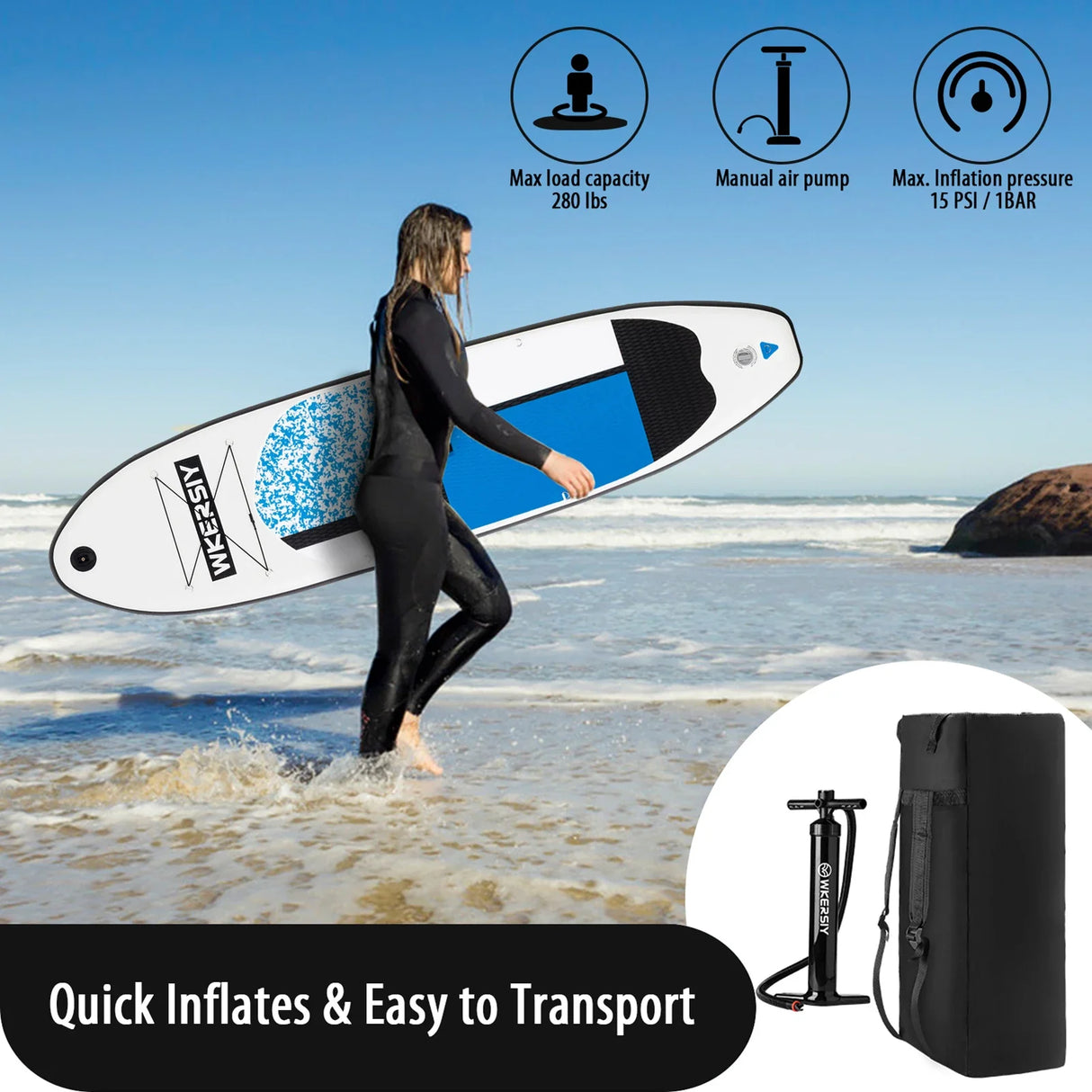 Inflatable Stand Up Paddle Board Non-Slip SUP Board Water SurfBoard Accessories Set with Air Pump Carry Bag Leash Standing Boat