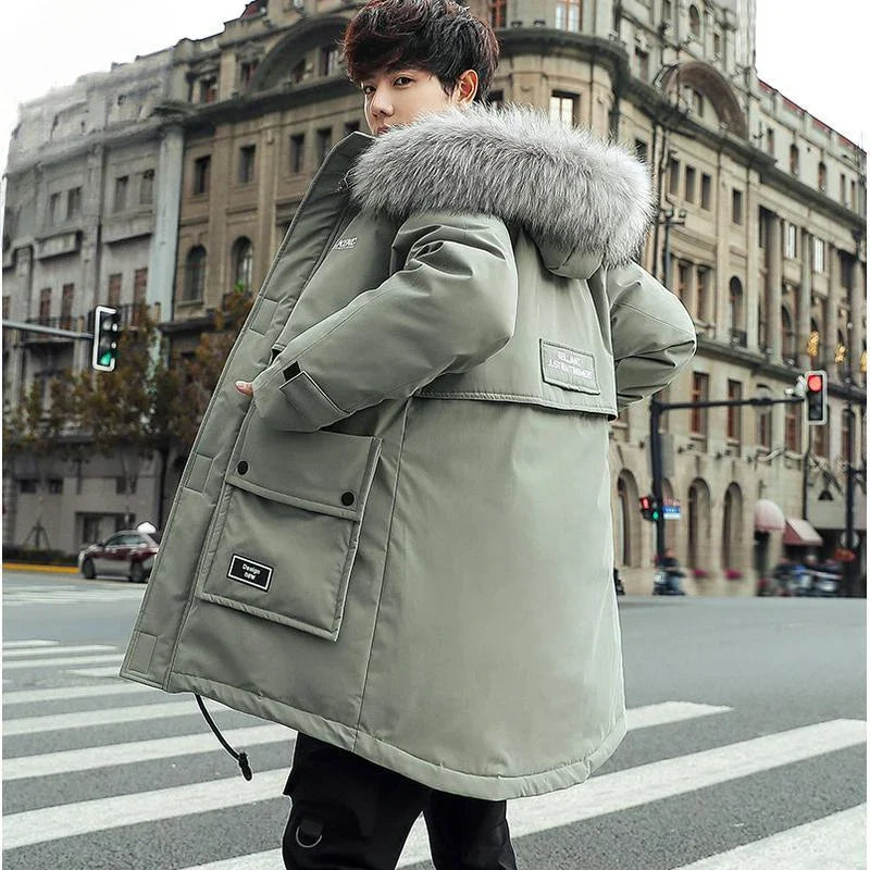 Winter New Men Fashion Down Down Cotton-Padded Jacket Male Mid-Length Hooded Thicken Parka Casual Large Size Loose Warm Outwear