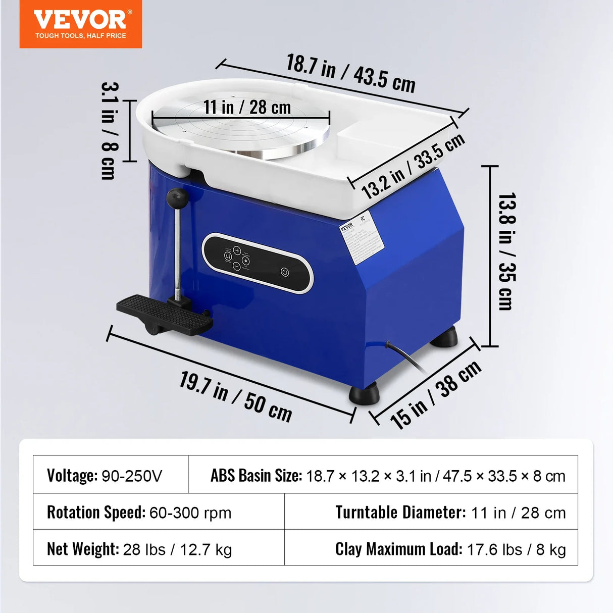 VEVOR 11in Pottery Wheel Ceramic Forming Machine Adjustable 60-300RPM Speed Handle and Foot Pedal Control ABS Detachable Basin