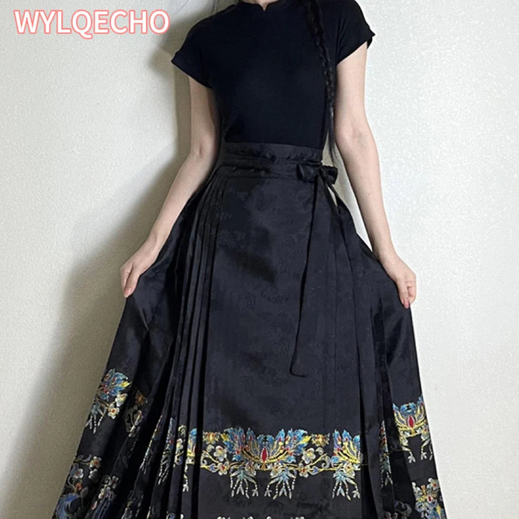 Chinese Style Traditional Pleated Skirt For Women Black Mamianqun Hanfu Thin Fashion All-match DIY Lace-up Long Skirts Womenwear