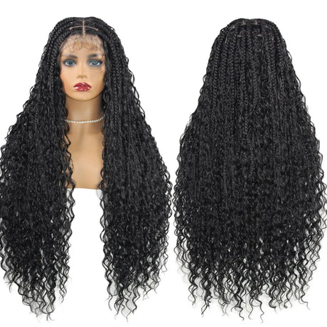 32 Inch Long Full Lace Front Wigs Boho Cornrow Box Braided Wigs With Baby Hair #4 Dark Brown Wave Curly Lace Frontal Braided Wig