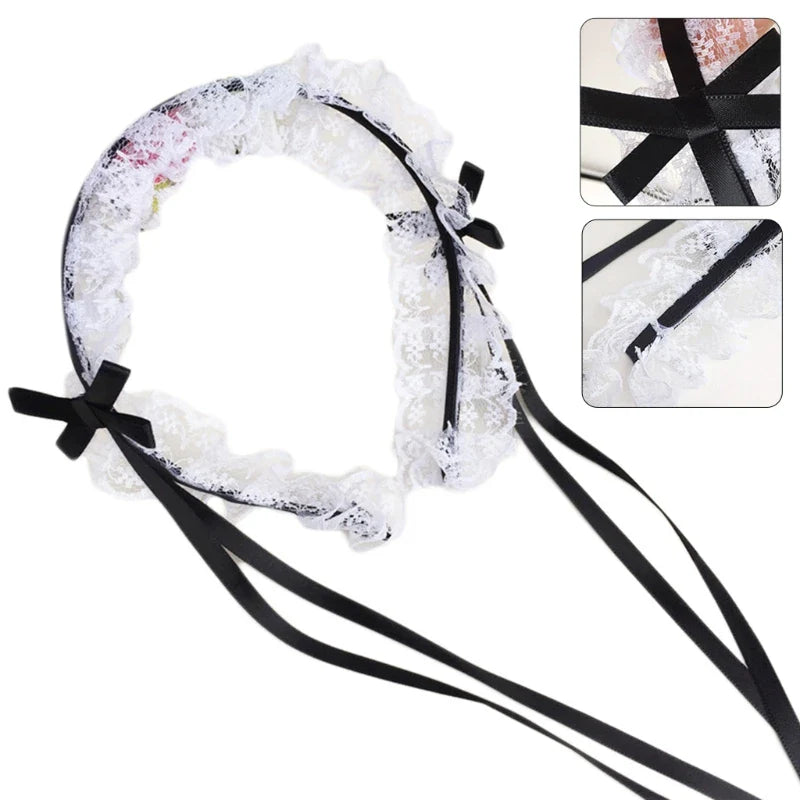 Ruffled Lace Long Ribbon Bowknot Headband Cosplay Headdress Japanese Sweet Lovely Lolita Maid Hair Hoop Accessories Dropship