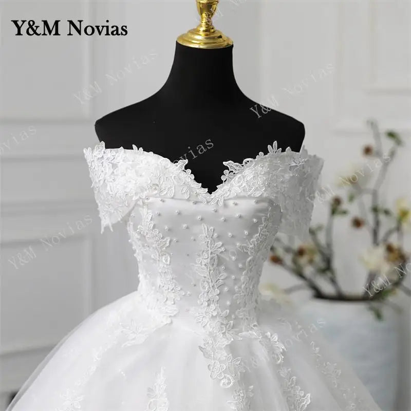 Y&M Novias Off Shoulder Plus Size Vestido De Noiva 2024 Wedding Dress Long Train or Floor Appliqes Pearls Bridal Tulle Mariage