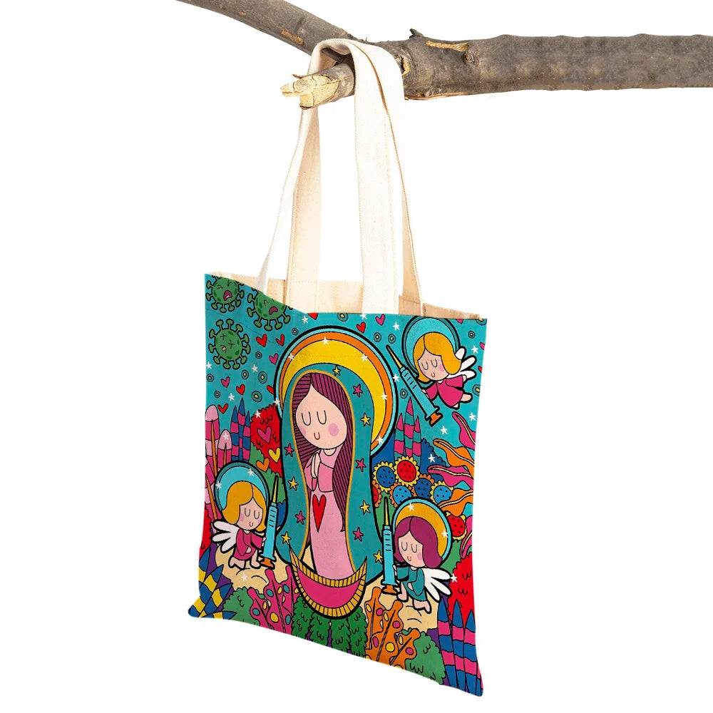 Ladies Shopping Bag Cartoon Virgin Mary Series Handbag Foldable Reusable Cloth Shopper Harajuku Style Student Canvas Tote