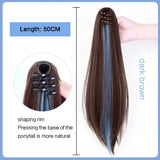 Long Wavy Straight Claw Clip On Ponytail Hair Black mixed with blue Synthetic Ponytail Hair For Women Pony Tail Hair Hairpiece