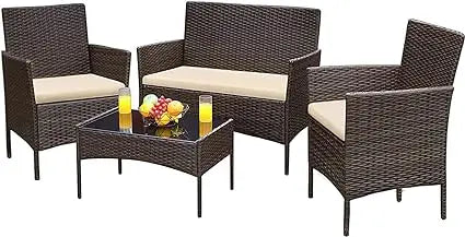 Patio Furniture Outdoor Acacia Wood  Conversation Sofa Set with Table & Cushions Porch Furniture for Porch/Balcony/Backyard