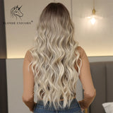 Blonde Unicorn Ombre Brown Blonde Synthetic Wig Long Wavy Wigs with Bangs Daily Cosplay Party Use Heat Resistant Fiber for Women