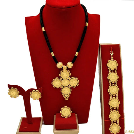 African 24K Gold Color Coins Necklace Bracelet Sets For Women Dubai Luxury Choker Designed For Women Wedding Party Jewelry Gift