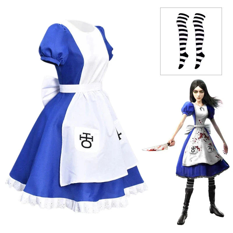 Game Alice Madness Returns Cosplay Costume Halloween Maid Dresses Apron Dress and Socks Women Anime Girl Carnival Party Dress Up