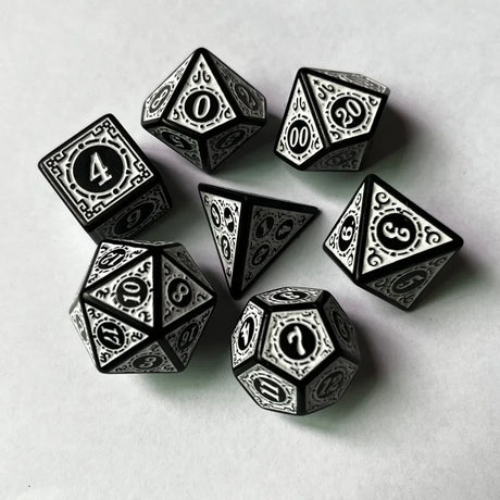 7 Pcs Kit Polyhedral 6 Sides Carved Vintage Ancient Retro Pattern Dices Set D4 D6 D8 D10 D% D12 D20 for TRPG RPG Games