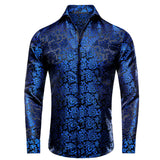 Hi-Tie Gold Luxury Mens Shirts Silk Jacquard High Quality Long Sleeve Lapel Shirt Casual Formal for Male Wedding Business Gifts