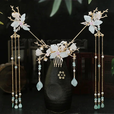 Chinese Hanfu Hair Accessories Set Long Fringed Vintage Hairpins Flower Handmade Hair Sticks For Women Traditional Retro Jewelry