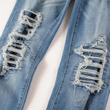 Men Stretch Denim Biker Jeans Classic Blue Pleated Patch Patchwork Ripped Pants Streetwear Skinny Tapered Trousers