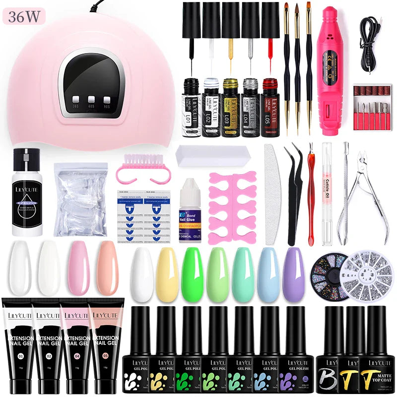 LILYCUTE Manicure Set For Quick Nail Extensions Gel Nail Polish With UV LED Nail Lamp Electric Nail Drill All For Nail Gel Tools