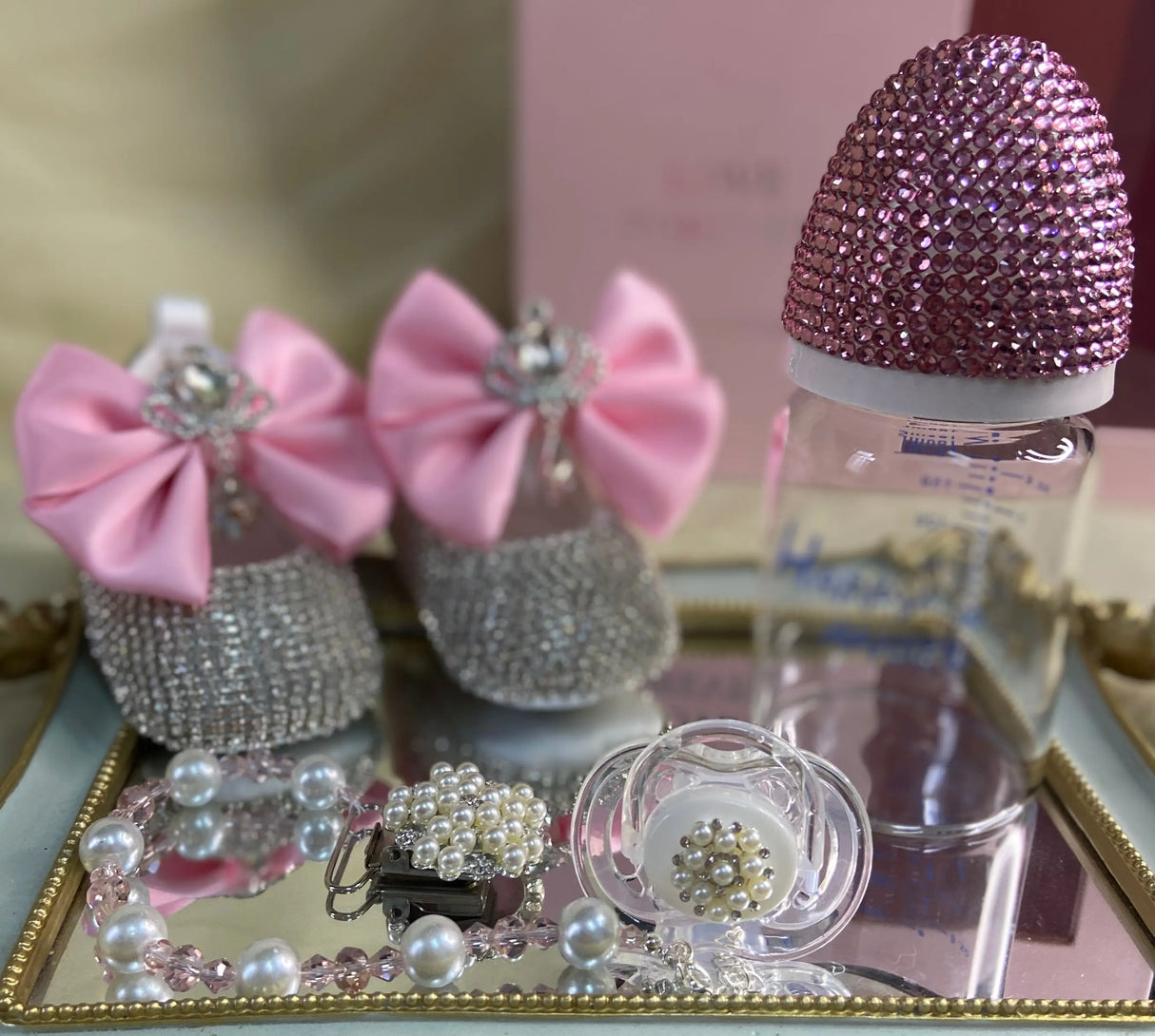 Dollbling Luxury Baby Bottles and Shoes Headband Set Keepsake Diamond Tutu Outfit Red Bottom Little Girl Baptism Shoes