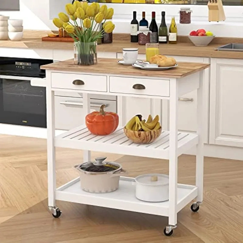 ChooChoo Rolling Kitchen Cart, Portable Kitchen Island Wood Top Kitchen Trolley with Drawers and Two-Tier Open Shelf