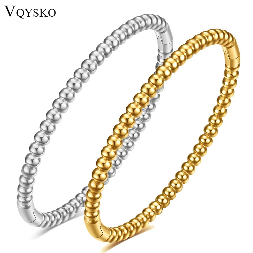 VQYSKO Stainless Steel Bangle Bracelet In Smooth Round Ball No Tarnish Beaded Bracelet For Anniversary Gift Woman Jewelry