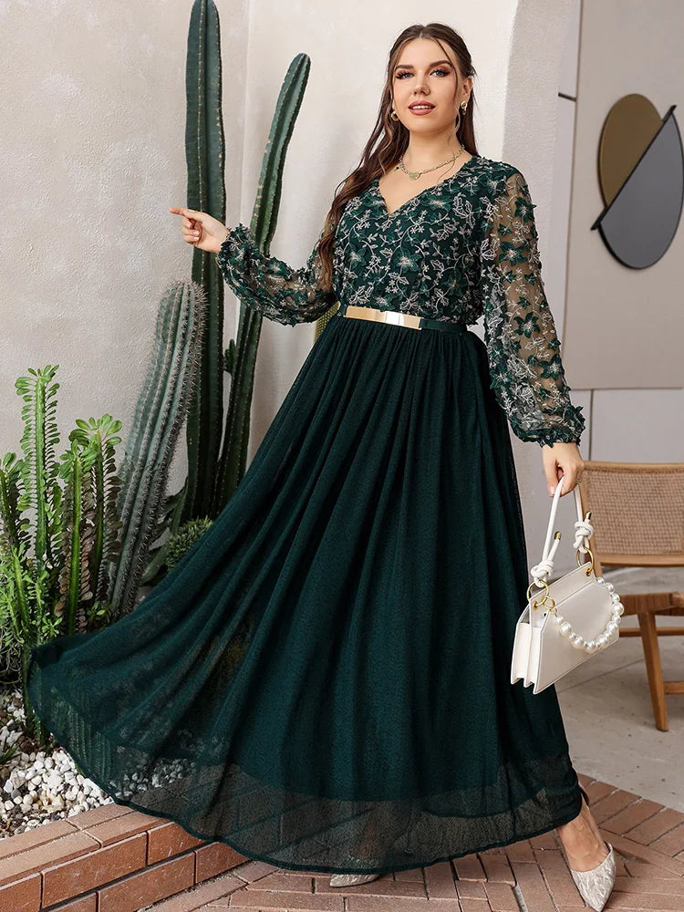 Women Plus Size Maxi Dresses 2023 New Autumn Formal Luxury Chic Elegant Long Sleeve Print Turkish Wedding Evening Party Clothing