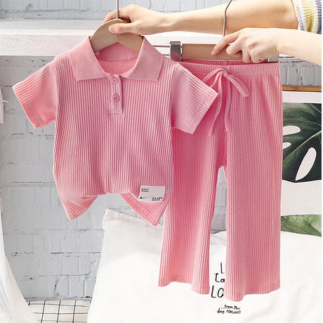 Girls Summer Clothing Suit Children Short-Sleeved Polo Shirt Wide Leg Pants 2Pcs Sets Baby Loungewear Fashion Pit Stripe Outfits