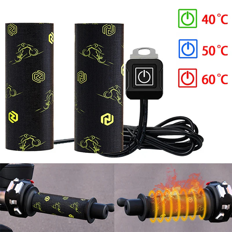 12V Motorcycle Heated Handle Grips 3 Gear Snowmobile ATV Handlebar Heater Smart Temperature Control Electric Heated Grip Cover