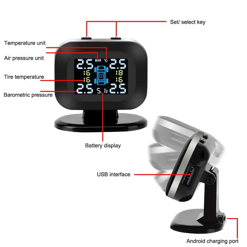 Auto Security Alarm Systems With 4 Pcs External Sensor Wireless Mini Car Tire Pressure Monitoring System USB TPMS