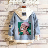 Hot Anime Jujutsu Kaisen Anime Men Jeans Jacket Gojo Satoru Print Casual Women Patchwork Denim Jacket Autumn Hooded Outwear Coat