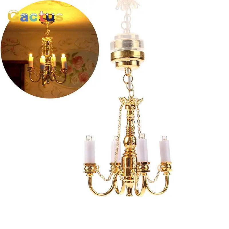 1:12 Dollhouse Miniature LED Ceiling Lamp Gold Chandelier Droplight Lighting Lights Battery Operated Furniture Model Decor Toy