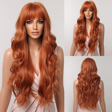 Ginger Curly Synthetic Wigs for Women Long Natural Wavy Orange Wigs with Flat Bangs Colorful Party Heat Resistant Wig