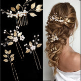 Pearl Flower Hairpin Side Comb Golden Leaf Shaped Alloy Tiaras Wedding Bride Insert Hair Clips Hair Jewelry Bride Headwear