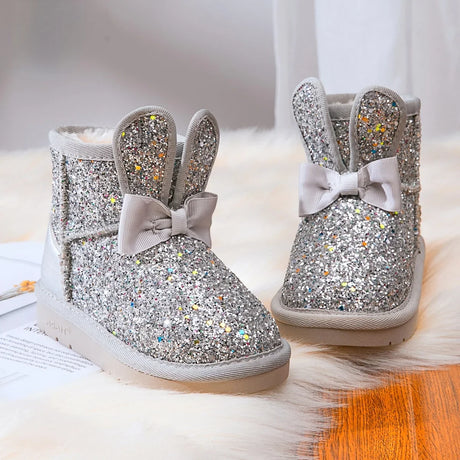 Children s snow boots girls rabbit fur warm boots baby cotton sport shoes sequins genuine leather princess fashion boots