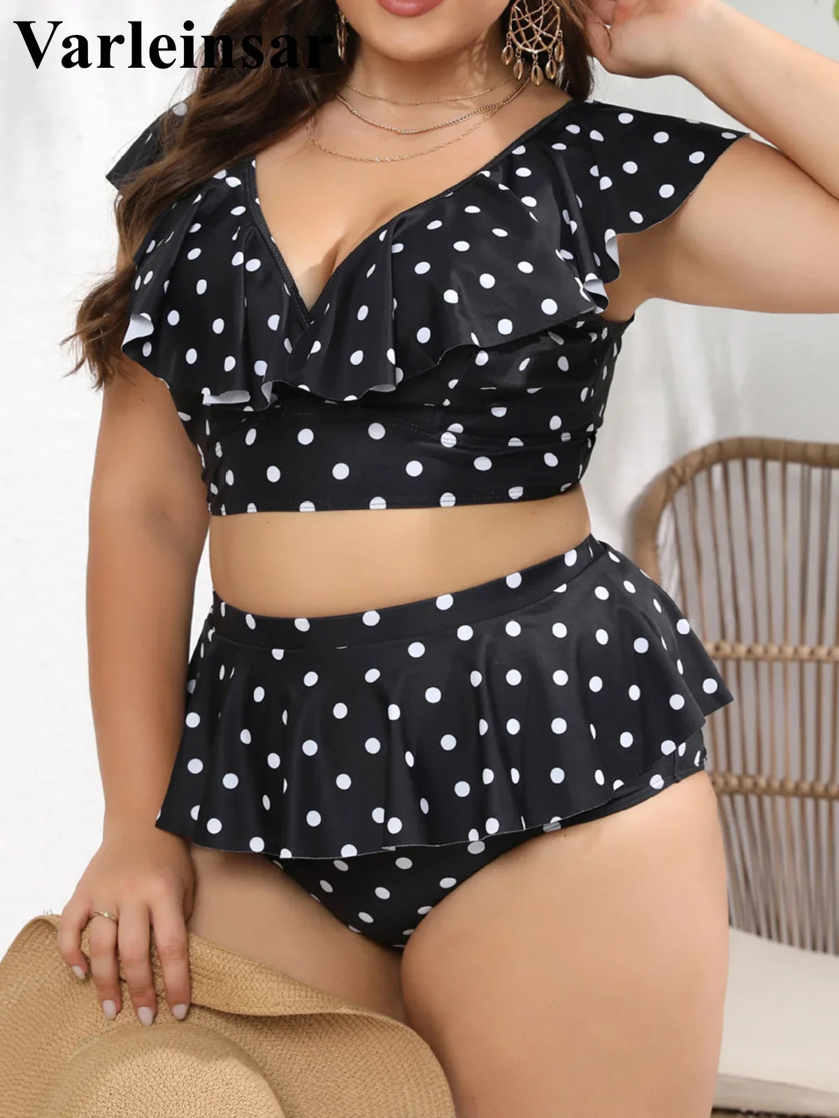 0XL - 4XL Polka Dots Bikini Large Size Swimwear Plus Size Women Swimsuit Female Two-pieces Bikini set Bather Bathing Suit V3745