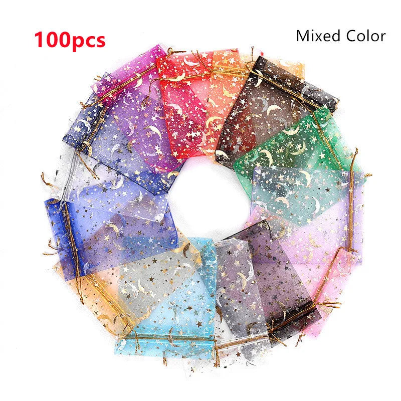 100pcs/lot Moon Star Organza Bags 7x9cm Small Christmas Drawstring Gift Bag Charm Jewelry Boxes Organizer Packaging Bags Pouches