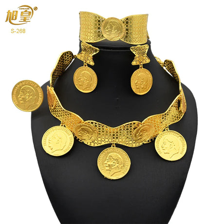 African 24K Gold Color Coins Necklace Bracelet Sets For Women Dubai Luxury Choker Designed For Women Wedding Party Jewelry Gift