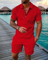 New 2024 Men's Polo Suit Fashion Men Sets Solid Summer V-neck Zipper Short Sleeve POLO Shirt+Shorts Two Pieces Men Casual Suit