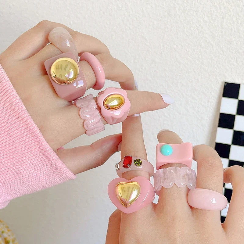 2023 New Transparent Resin Acrylic Rings Set for Women Colourful Geometric Square Round heart Rings for Girls Finger Jewelry