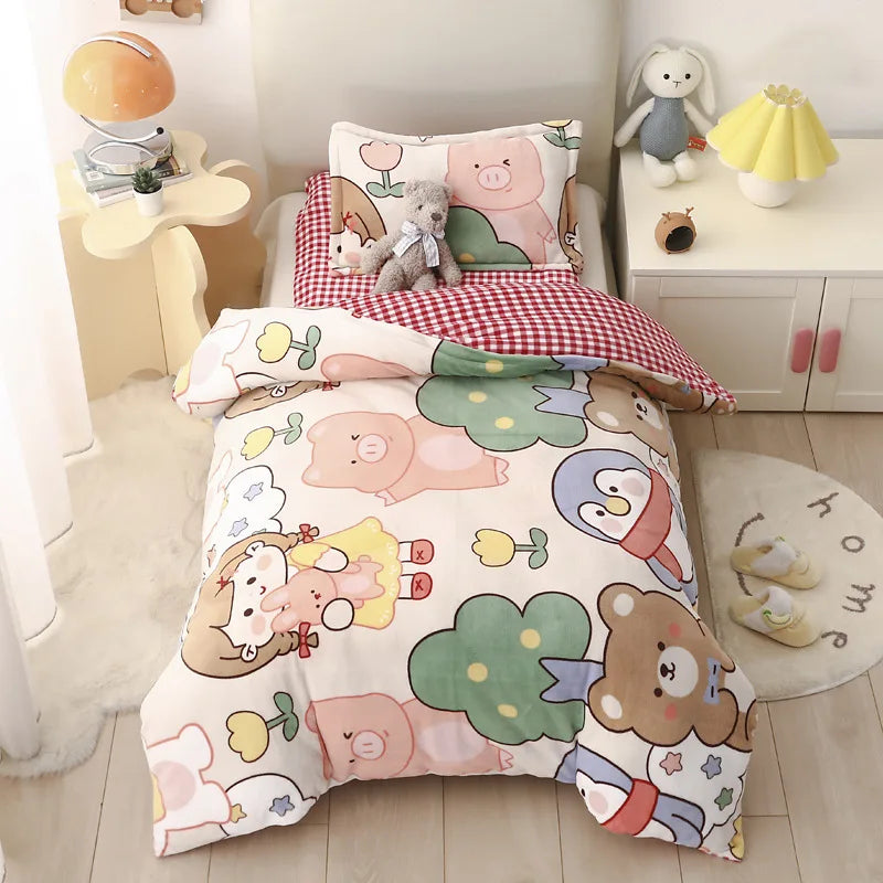 Baby Cartoon Print Bedding Set Duvet Covers Pillowcases Set Autumn Winter Warm Suede Bedclothes Bed Linen CP29