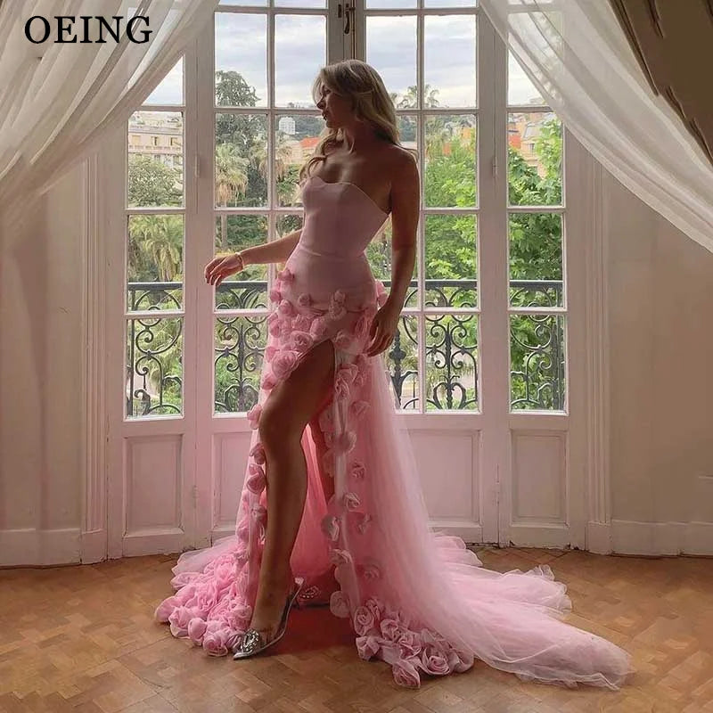 OEING Elegant Baby Pink Evening Dress Floor Length Tiered Pleated Tulle Prom Dresses Vestidos De Noche For Formal Occasion Gala